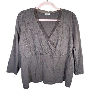 J Jill Top Shirt Women’s Plus Size 3X Cotton Embroidered Sequins Sage Green Wrap